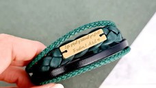 Bratara Fresh - Model barbatesc cu piele verde - Placuta cu gravura personalizata din Argint 925 placat cu Aur Galben 18K - Inchizatoare neagra inox