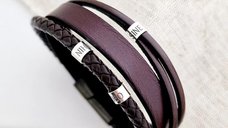 Bratara Gentleman - Model barbatesc cu piele maro - Cilindri cu gravura personalizata din Argint 925 - Inchizatoare neagra inox