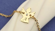Bratara ingeras - personalizat cu initiala si Piatra pretioasa - Argint 925 placat cu Aur Galben 18K - Cu lantisor fata/baiat
