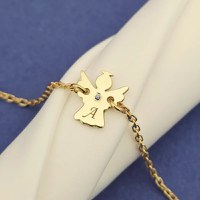 Bratara ingeras - personalizat cu initiala si Piatra pretioasa - Argint 925 placat cu Aur Galben 18K - Cu lantisor fata/baiat - 1