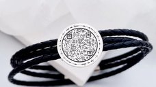 Bratara Iubire transmisa - Banut 20 mm cu amprenta vocala si Qr Code - Argint 925 - Piele impletita