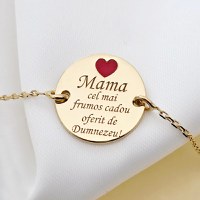 Bratara Mama, cadou de la Dumnezeu - Argint 925 placat cu Aur Galben 18K si inima cu email rosu - cu lantisor - 1