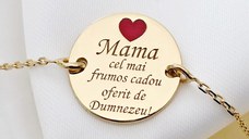 Bratara Mama, cadou de la Dumnezeu - Argint 925 placat cu Aur Galben 18K si inima cu email rosu - cu lantisor