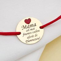 Bratara Mama, cadou de la Dumnezeu - Argint 925 placat cu Aur Galben 18K si inima cu email rosu - Snur reglabil, diverse culori - 1