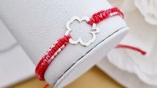 Bratara Martisor - Simbol trifoi din Argint 925 - Snur impletit rosu&alb