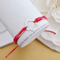 Bratara Martisor - Simbol trifoi din Argint 925 - Snur impletit rosu&alb - 1