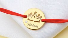Bratara Mica Printesa cu Diamant Natural - Banut Personalizat 12 mm - Argint Placat cu Aur Galben 18K - Snur Reglabil