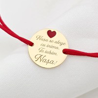 Bratara Nasa mea - Argint 925 placat cu Aur Galben 18K - Inimioara cu email rosu - Snur reglabil, diverse culori - 1