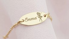 Bratara oval cu simbol balerina - Personalizare Nume - Argint 925 placat cu Aur Galben 18K - Lantisor pentru Fete/Baieti