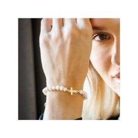 Bratara Perle - Cruce personalizata din Aur Galben 14K - Model cu sirag perlat si snur reglabil - 1