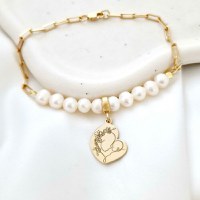 Bratara Perlele Iubirii Materne - Model cu lant zale dreptunghiulare, charm inima si perle - Argint 925 placat cu Aur galben 18K - 1