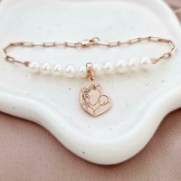 Bratara Perlele Iubirii Materne - Model cu lant zale dreptunghiulare, charm inima si perle - Argint 925 placat cu Aur roz18K - 1