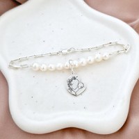 Bratara Perlele Iubirii Materne - Model cu lant zale dreptunghiulare, charm inima si perle - Argint 925 - 1