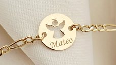 Bratara personalizata - Banut 10 mm - Inger pazitor decupat cu aripi deschise - Aur Galben 14 K - Cu lantisor fata/baiat