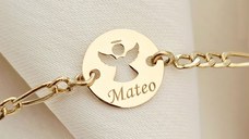 Bratara personalizata - Banut 10 mm - Inger pazitor decupat cu aripi deschise - Aur Galben 14 K - Cu lantisor fata/baiat