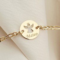 Bratara personalizata - Banut 10 mm - Inger pazitor decupat cu aripi deschise - Aur Galben 14 K - Cu lantisor fata/baiat - 1