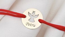 Bratara personalizata - Banut 10 mm - Inger pazitor decupat cu aripi deschise - Aur Galben 14 K - Snur reglabil