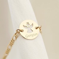 Bratara personalizata - Banut 10 mm - Inger pazitor decupat cu aripi deschise - Aur Galben 9K - Cu lantisor fata/baiat - 1