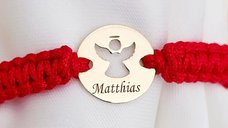 Bratara personalizata - Banut 10 mm - Inger pazitor decupat cu aripi deschise - Aur Galben 9K - Snur impletit reglabil