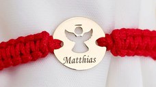 Bratara personalizata - Banut 10 mm - Inger pazitor decupat cu aripi deschise - Aur Galben 9K - Snur impletit reglabil