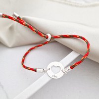 Bratara personalizata - Banut 15 mm cu inima decupata - Argint 925 - Snur 2 mm paracord, colorat si reglabil - 1