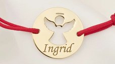 Bratara personalizata - Banut 15 mm - Inger pazitor decupat cu aripi deschise - Argint 925 placat cu Aur Galben 18K - Snur reglabil
