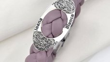 Bratara personalizata cu Charm oval si nume gravate - Piele impletita roz lila - Argint 925 cu inchizatoare din otel inoxidabil