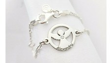 Brățară personalizată cu disc si înger decupat, nume baiat personalizat și Diamant natural – Argint 925 Rodiat - Cu lantisor fata/baiat