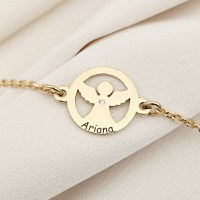 Brățară personalizată cu disc si înger decupat, nume personalizat și Diamant natural – Argint 925 placat cu Aur Galben 18K - Cu lantisor fata/baiat - 1