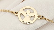 Brățară personalizată cu disc si înger decupat, nume personalizat și Diamant natural – Argint 925 placat cu Aur Galben 18K - Cu lantisor fata/baiat
