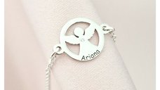 Brățară personalizată cu disc si înger decupat, nume personalizat și Diamant natural – Argint 925 Rodiat - Cu lantisor fata/baiat
