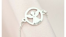 Brățară personalizată cu disc si înger decupat, nume personalizat și Diamant natural – Argint 925 Rodiat - Cu lantisor fata/baiat