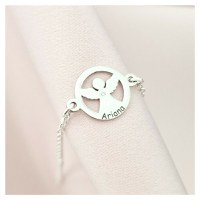 Brățară personalizată cu disc si înger decupat, nume personalizat și Diamant natural – Argint 925 Rodiat - Cu lantisor fata/baiat - 1