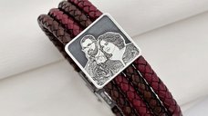 Bratara personalizata cu fotogravura in relief - Chic Bijoux - Argint 925 si piele impletita - Inchizatoare inox