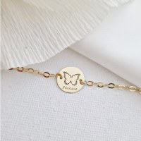 Bratara personalizata cu nume - Fluture decupat - Aur Galben 9K - Banut 12 mm diametru - Cu lantisor fata/baiat - 1