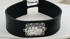 Bratara personalizata cu poza - Octagon cu emoții - Model fotogravura relief - Argint 925 - Piele barbateasca