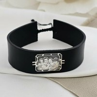 Bratara personalizata cu poza - Octagon cu emoții - Model fotogravura relief - Argint 925 - Piele barbateasca - 1