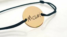 Bratara personalizata - Gravura scrisului de mana - banut de 15 mm - Argint 925 placat cu Aur Galben 18K - snur reglabil