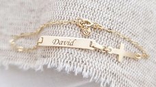 Bratara personalizata pentru bebe Chic Bijoux, cu nume, cruciulita si lant gros, aur galben 9K