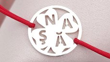 Bratara personalizata pentru nasa, cu disc gravat si trifoi cu patru foi, din argint 925, snur reglabil