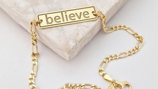 Bratara personalizata - placuta cu text personalizat Believe - Argint 925 placat cu Aur Galben 18K - bratara barbati cu lant