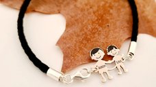 Bratara Personalizata Unisex cu Membrii Familiei - Doi Baieti - Argint 925 si Piele Impletita