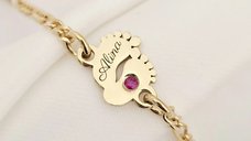 Bratara picioruse - personalizate cu nume si Piatra pretioasa - Argint 925 placat cu Aur Galben 18K - Cu lantisor fata/baiat