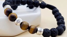 Bratara pietre semipretioase Lava si Ochi de tigru de 8 mm - trei cilindrii din Argint 925 - Snur elastic