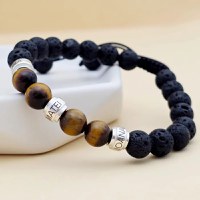 Bratara pietre semipretioase Lava si Ochi de tigru de 8 mm - trei cilindrii din Argint 925 - Snur elastic - 1