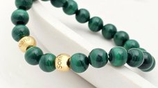 Bratara pietre semipretioase Malachit de 8 mm - Bilute din Argint 925 placat cu Aur Galben 18K - Snur elastic