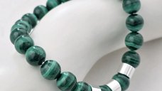 Bratara pietre semipretioase Malachite de 8 mm - trei cilindrii din Argint 925 - Snur elastic