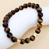 Bratara pietre semipretioase Ochi de tigru de 8 mm - doi cilindrii din Argint 925 placat cu Aur Galben - Snur elastic - 1