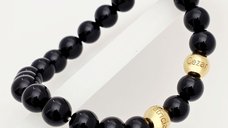 Bratara pietre semipretioase Onix lucios de 8 mm - Bilute din Argint 925 placat cu Aur Galben 18K - Snur elastic