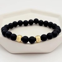 Bratara pietre semipretioase Onix mat de 8 mm - Bilute din Argint 925 placat cu Aur Galben - Snur elastic - 1